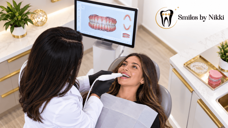 Orthodontist using a digital scanner during a modern orthodontic visit.