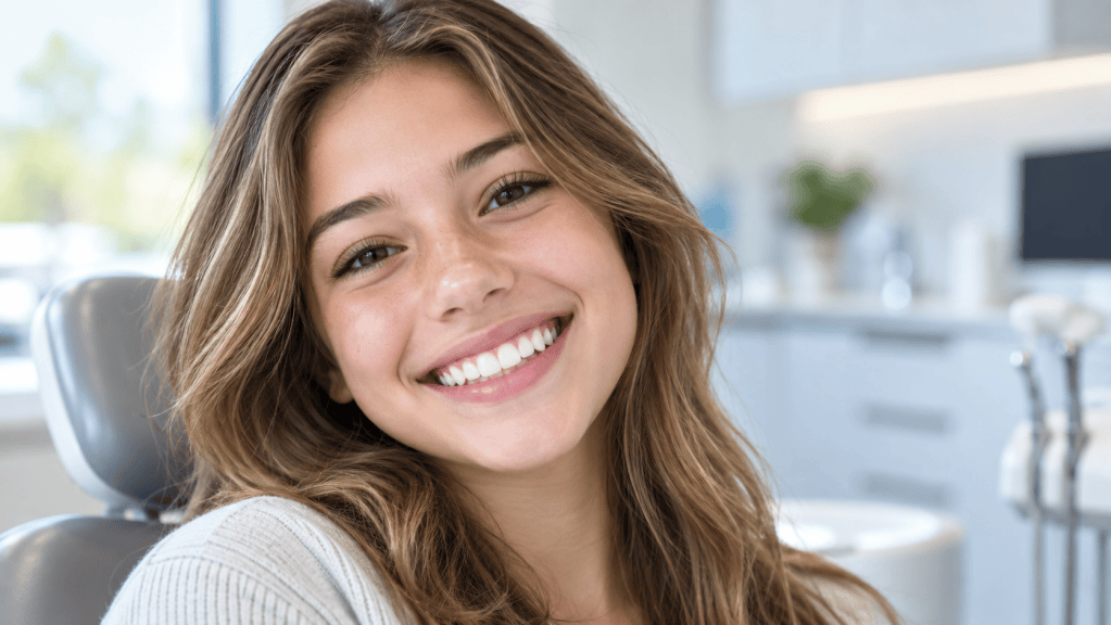 Smiling young woman showing straight teeth in a bright orthodontic office.