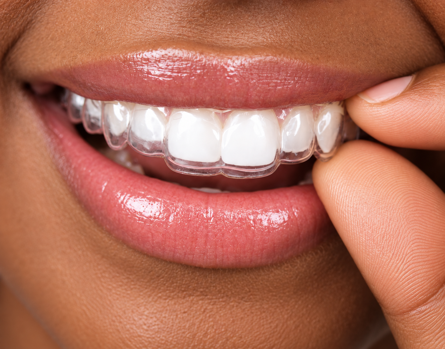 Close-up of glossy pink lips and straight teeth wearing a clear aligner.