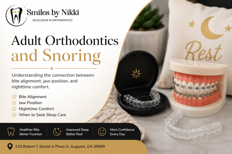 Branded Smiles by Nikki image showing braces, clear aligners, and sleep-themed visuals for a blog about adult orthodontics and snoring in Augusta, GA.