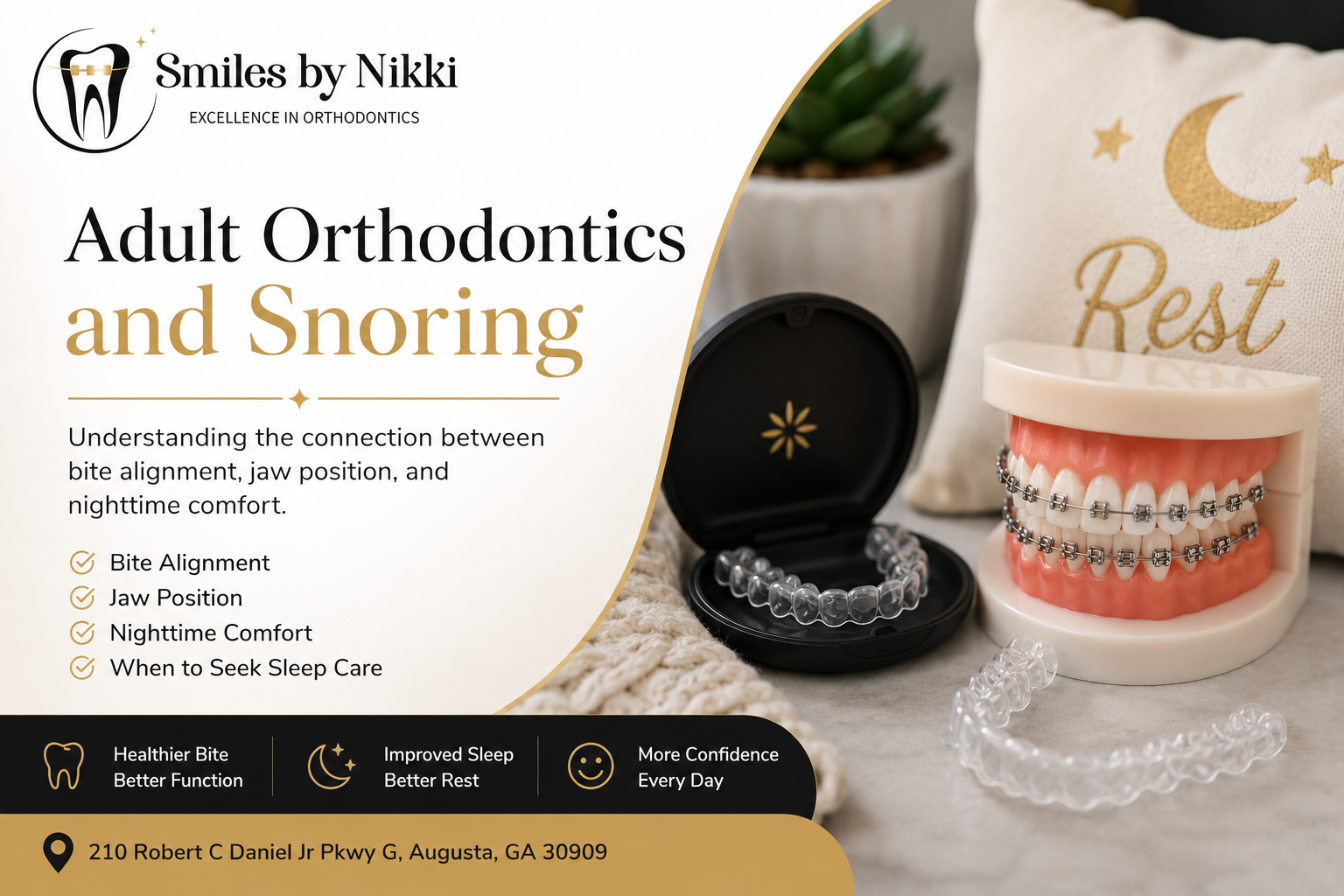 Branded Smiles by Nikki image showing braces, clear aligners, and sleep-themed visuals for a blog about adult orthodontics and snoring in Augusta, GA.