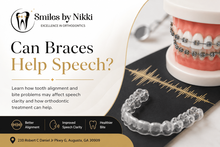 Branded Smiles by Nikki graphic showing braces, clear aligners, and speech-related visuals for a blog about whether braces can help speech clarity.