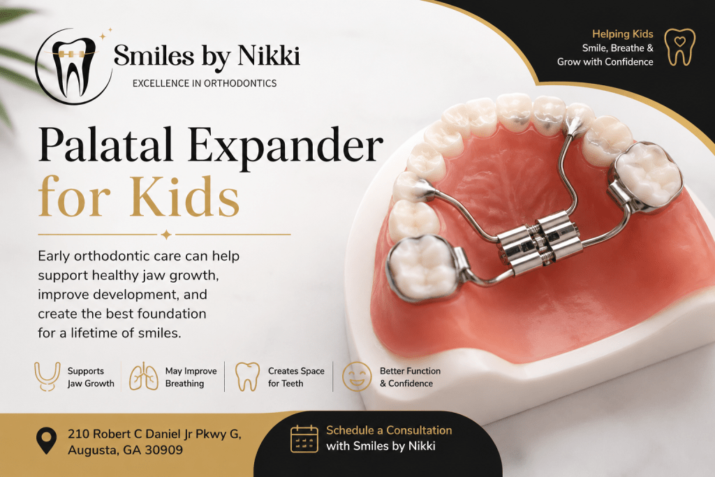 Palatal expander dental model with Smiles by Nikki branding for early orthodontic care in Augusta, GA.