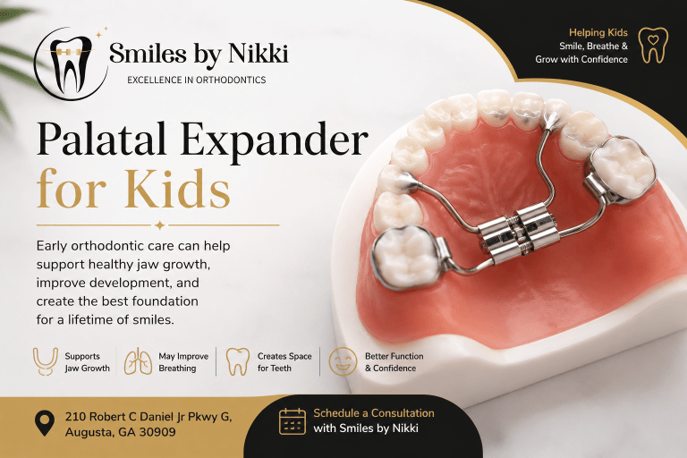 Palatal expander dental model with Smiles by Nikki branding for early orthodontic care in Augusta, GA.