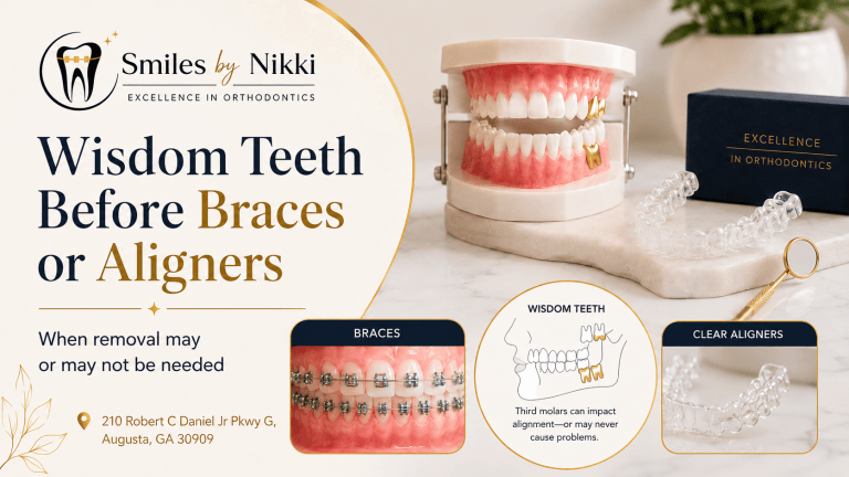 Smiles by Nikki orthodontic blog image showing a dental model, braces, clear aligners, and a wisdom teeth diagram for a guide about wisdom teeth before braces or aligners.