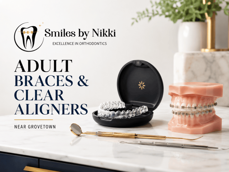 Smiles by Nikki branded adult braces and clear aligners image near Grovetown with orthodontic tools and no people