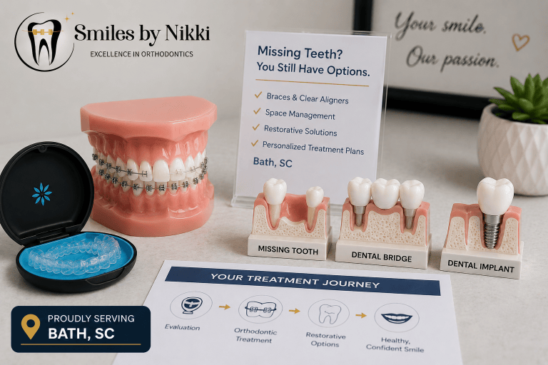 Dental model with braces, clear aligners, missing tooth model, bridge model, and implant model for orthodontic treatment near Bath, SC by Smiles by Nikki.