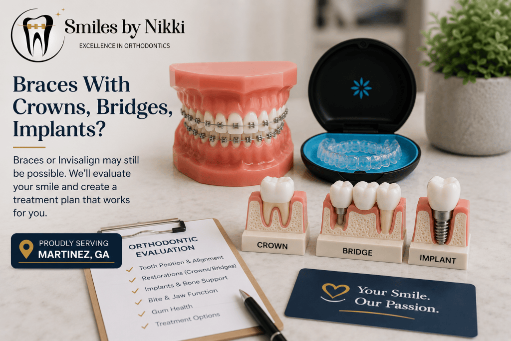 Dental model with braces, clear aligners, and crown, bridge, and implant models for Martinez, GA orthodontic treatment with Smiles by Nikki.