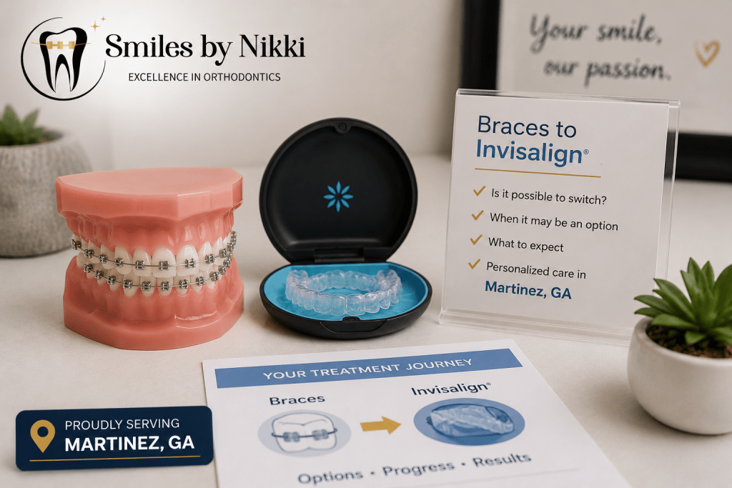 Dental model with braces beside clear aligners and a treatment journey sheet for switching from braces to Invisalign in Martinez, GA with Smiles by Nikki.