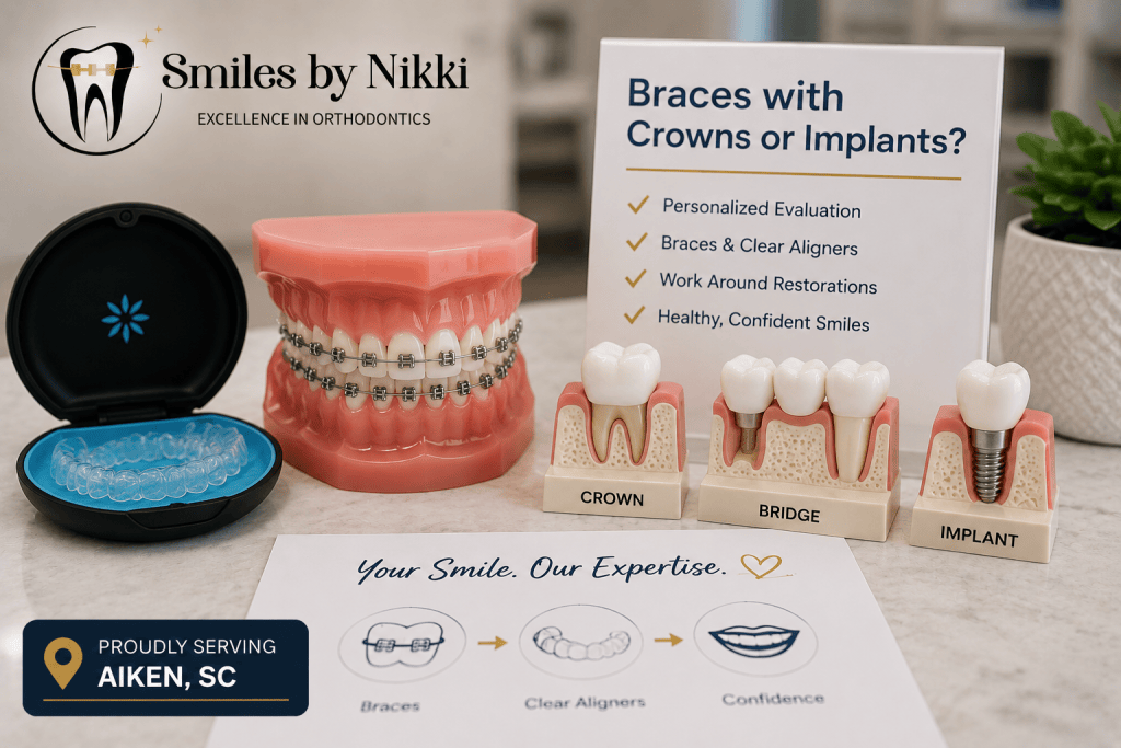 Dental model with braces, clear aligners, and crown, bridge, and implant models for braces with crowns or implants in Aiken, SC by Smiles by Nikki.