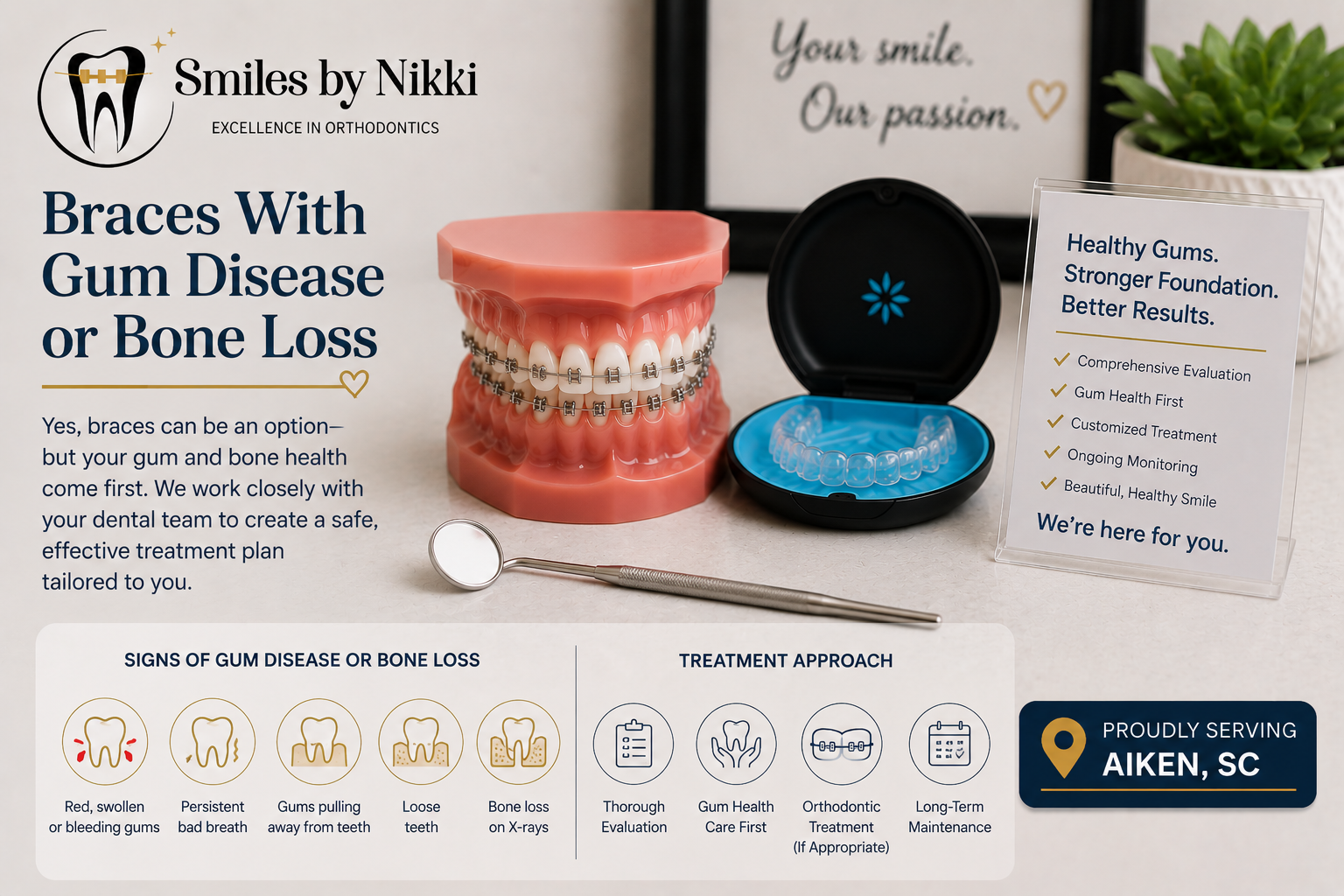 Dental model with braces, clear aligners, dental mirror, and gum health information for braces with gum disease or bone loss near Martinez, GA by Smiles by Nikki.