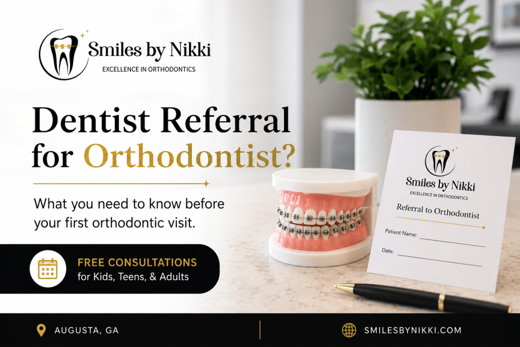 Orthodontic referral card with braces model for Smiles by Nikki in Augusta GA