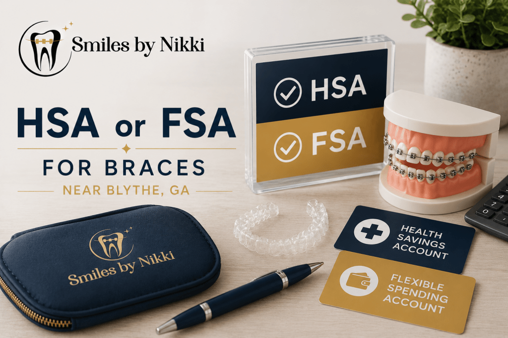 Smiles by Nikki branded HSA and FSA braces image near Blythe GA with clear aligners and orthodontic model