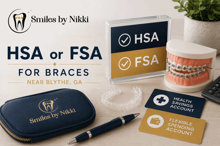 Smiles by Nikki branded HSA and FSA braces image near Blythe GA with clear aligners and orthodontic model