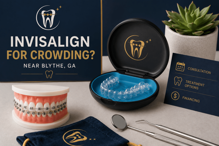 Smiles by Nikki branded Invisalign crowding image near Blythe GA with clear aligners and braces model