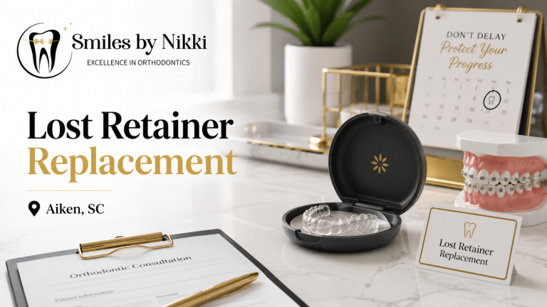 Clear retainer in a case with braces model, consultation form, and reminder calendar for lost retainer replacement in Aiken, SC by Smiles by Nikki.