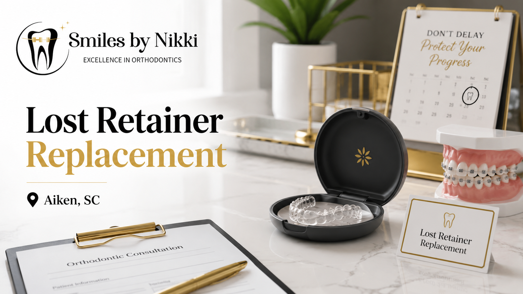 Clear retainer in a case with braces model, consultation form, and reminder calendar for lost retainer replacement in Aiken, SC by Smiles by Nikki.