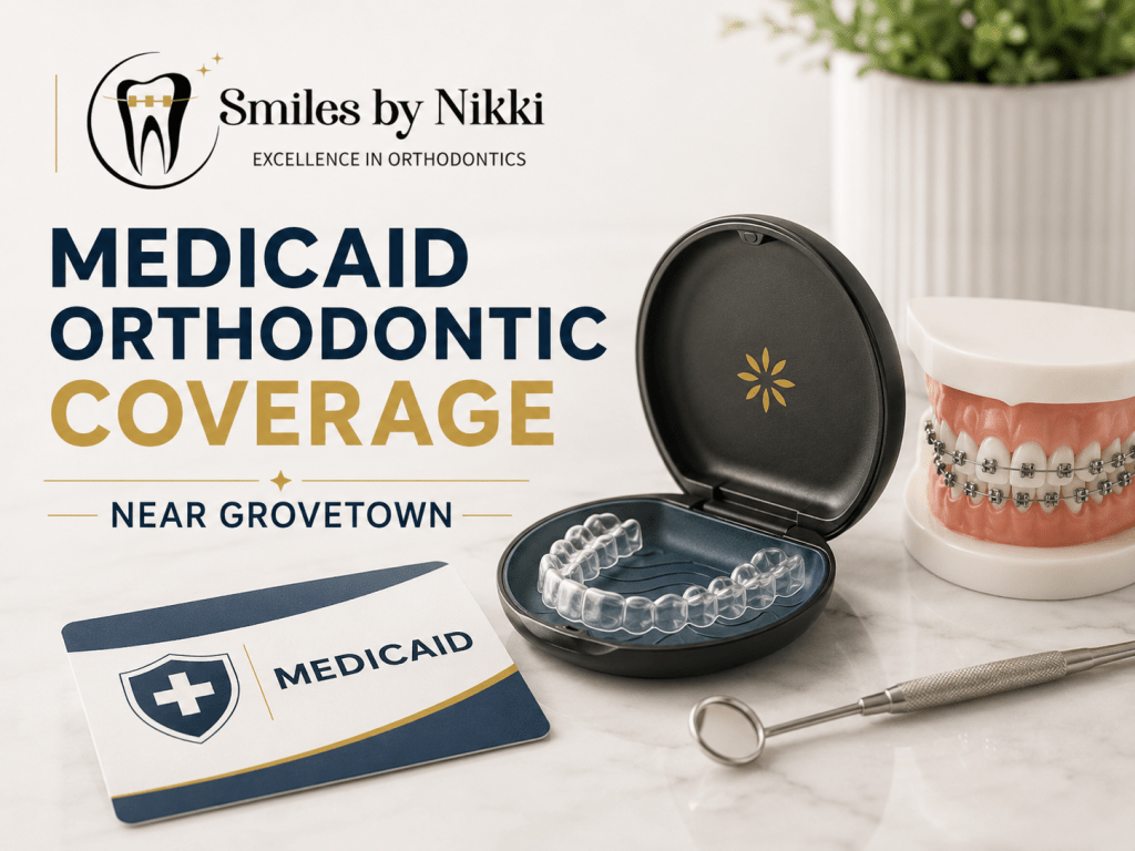 Smiles by Nikki branded Medicaid orthodontic coverage image near Grovetown with clear aligners and braces model