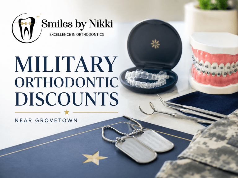 Smiles by Nikki branded military orthodontic discounts image near Grovetown with clear aligners and braces model