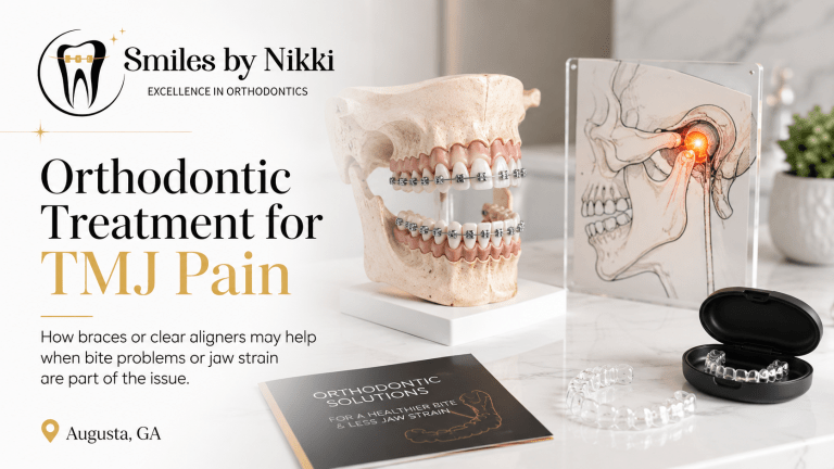 Orthodontic model with braces and clear aligners for TMJ pain treatment in Augusta GA