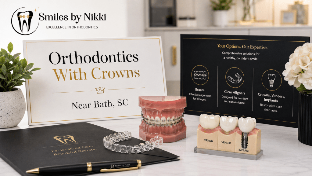 Dental model with braces, clear aligners, and crown, veneer, and implant models for orthodontics with crowns near Bath, SC by Smiles by Nikki.