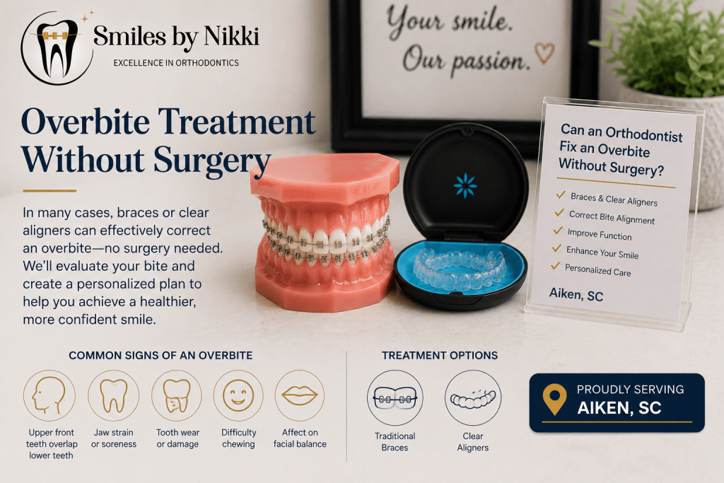 Dental model with braces and clear aligners for overbite treatment without surgery in Aiken, SC by Smiles by Nikki.