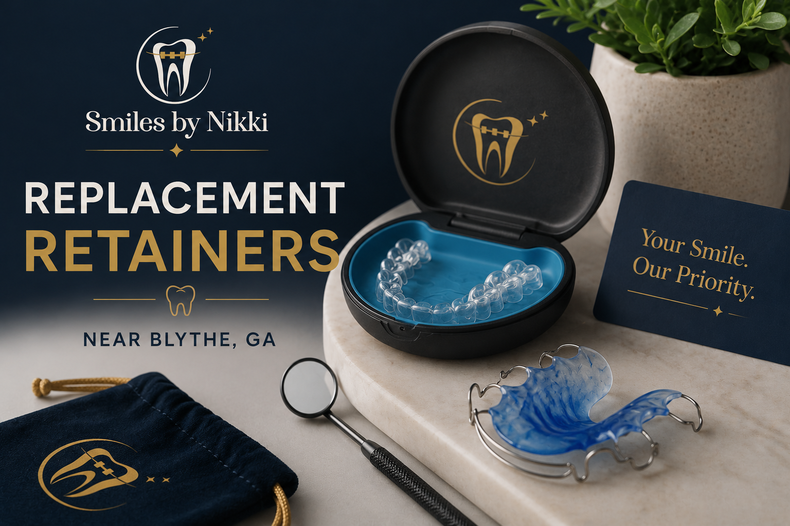 Smiles by Nikki branded replacement retainers image near Blythe GA with retainer case and orthodontic tools