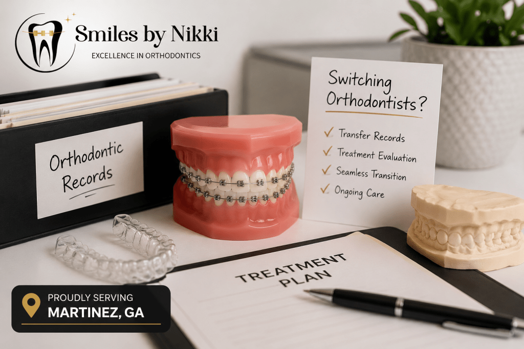 Dental model with braces, orthodontic records folder, treatment plan, and checklist for switching orthodontists near Martinez, GA with Smiles by Nikki.