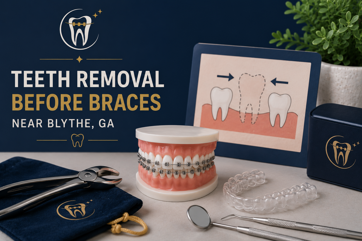 Smiles by Nikki branded teeth removal before braces image near Blythe GA with braces model and orthodontic tools