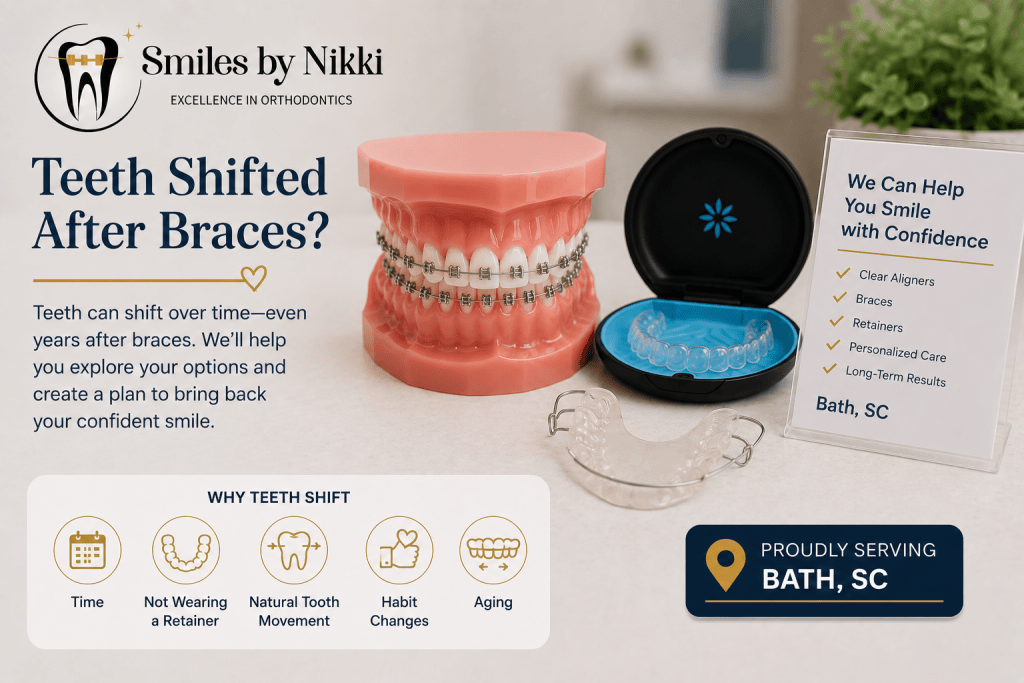 Dental model with braces, clear aligners, and retainer for Bath, SC patients whose teeth shifted after braces with Smiles by Nikki.